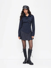Cotton-blend Collar Check Asymmetrical Wrap Blouse