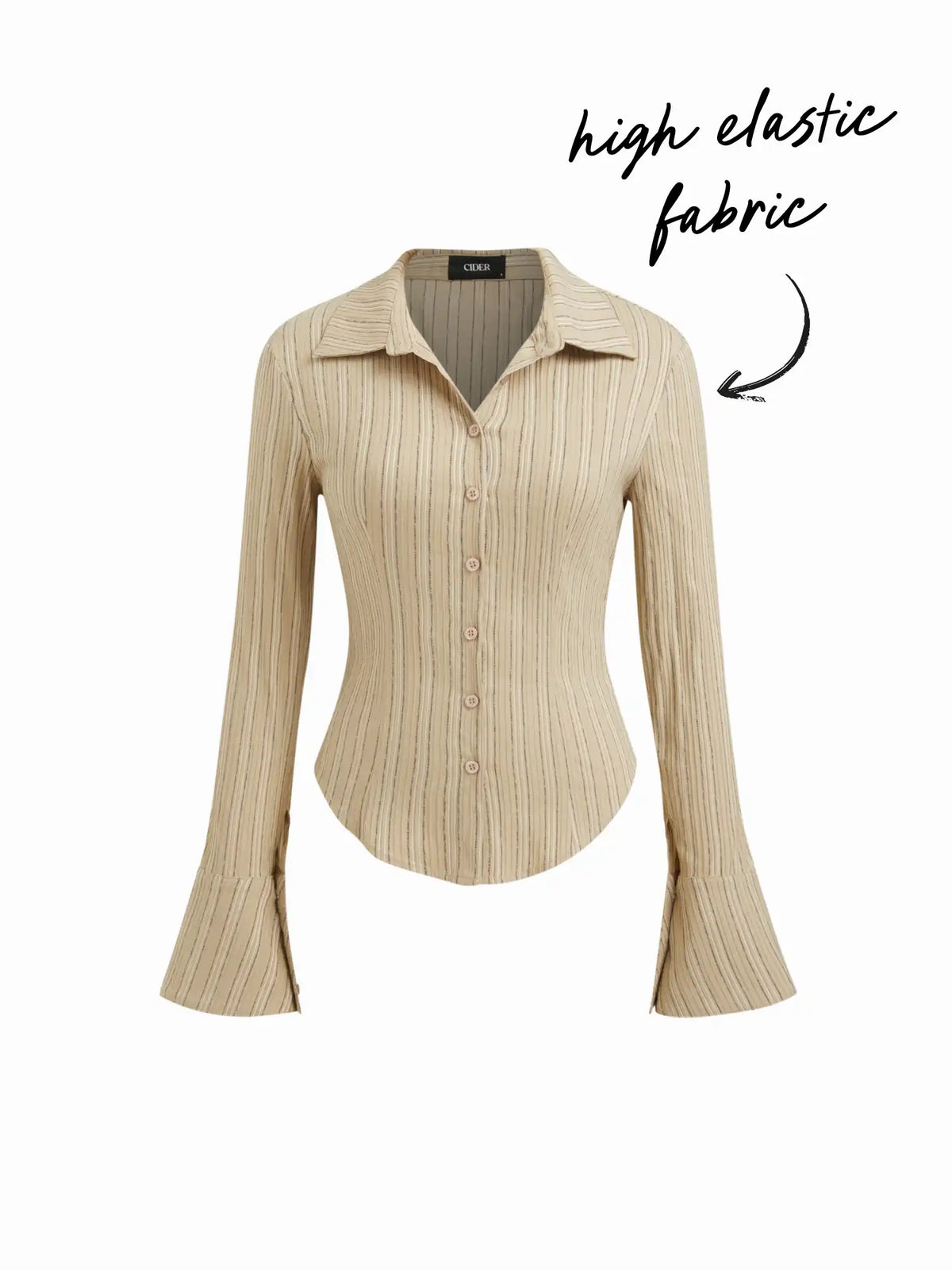 Cotton-blend Striped Collar Bell Sleeve Curved Hem Button Shirt