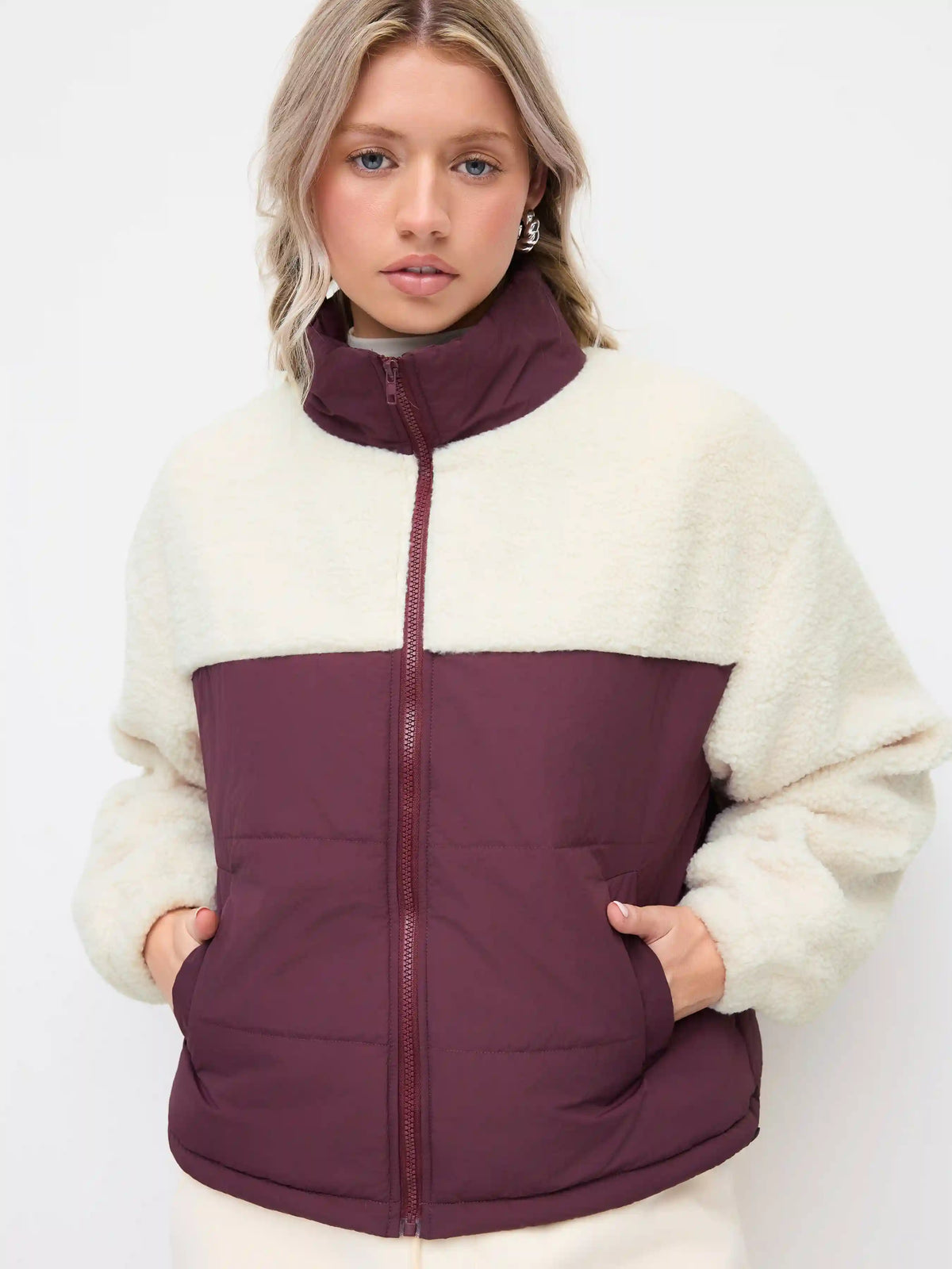 Fleece Stand Collar Colorblock Faux Fur Trim Oversized Jacket