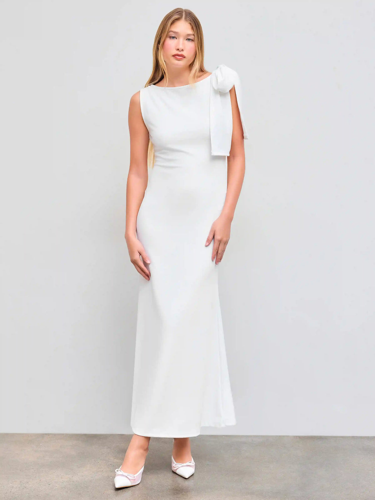 Boat Neck Solid Bowknot Maxi Dress