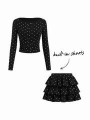Cotton-blend Polka Dot Boat Neck Long Sleeve Top & Mid Rise Layered Mini Skirt Set
