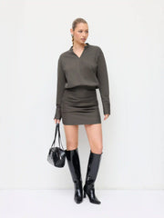Cotton-blend V-neck Ruched Solid Mini Dress