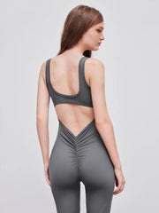 Square Neck Backless Ruched Flared Jumpsuit