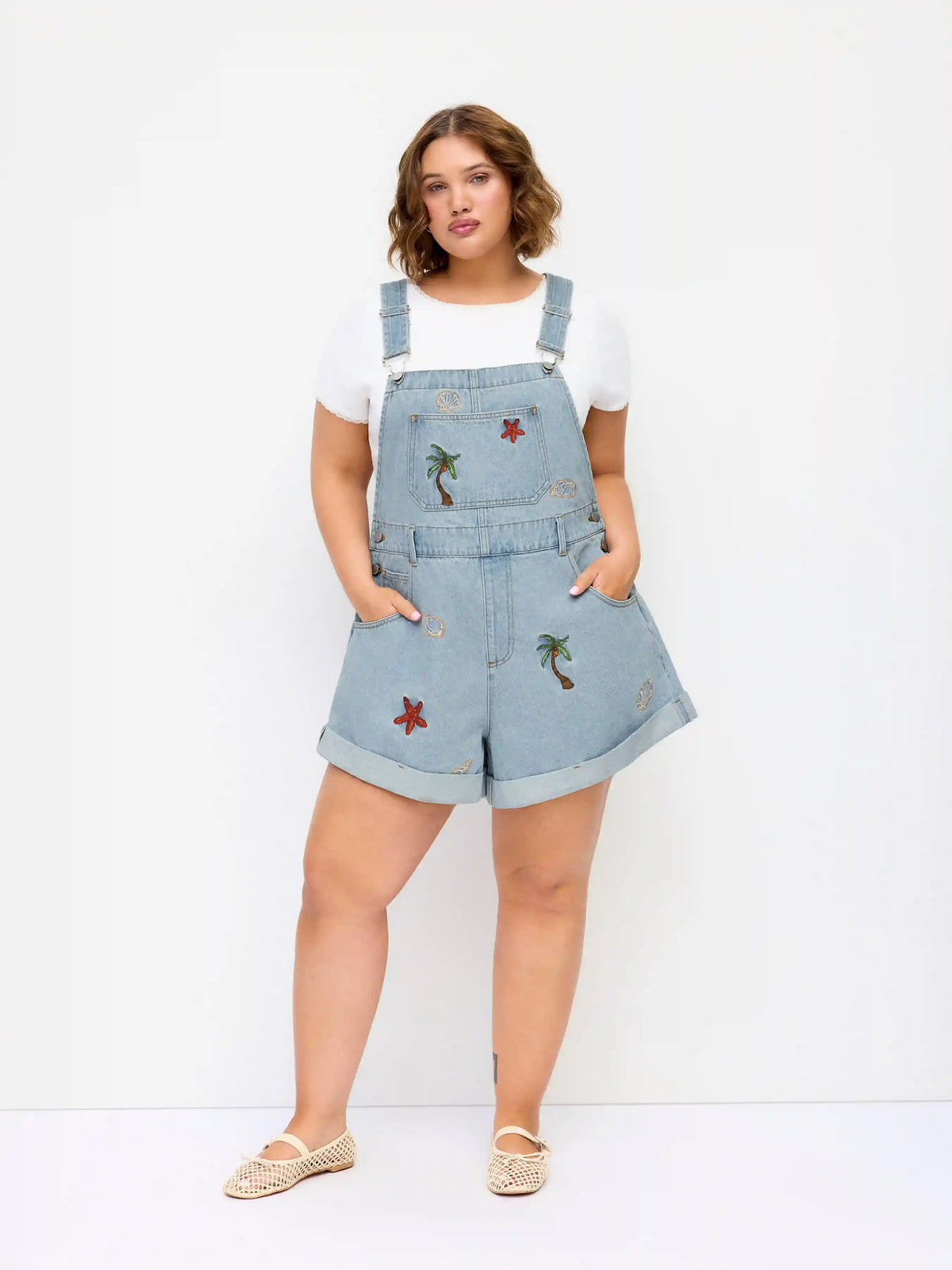 Denim Nature Embroidery Mid Rise Metal Detail Short Overalls Curve & Plus