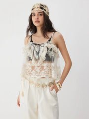 Cotton-blend Lace Bowknot Ruffle Sheer Oversized Crop Cami Top