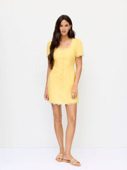 Linen-blend Square Neck Lace Trim Button Through A-line Mini Dress