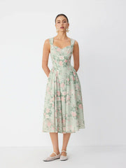 Linen-blend Floral Sweetheart Neckline Flared Midi Dress