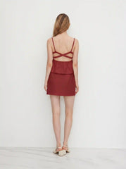 Linen-blend Ruched Criss Cross Backless Cami Top With Mini Skirt Set