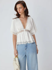 Satin V-Neck Lace Panel Ruffle Sleeve Blouse