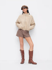 Wool-look Stand Collar Zip Through Oversized Bomber