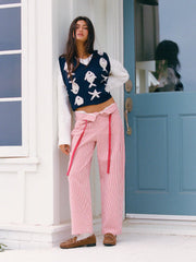 Cotton-blend Mid Rise Striped Drawstring Barrel-leg Trousers