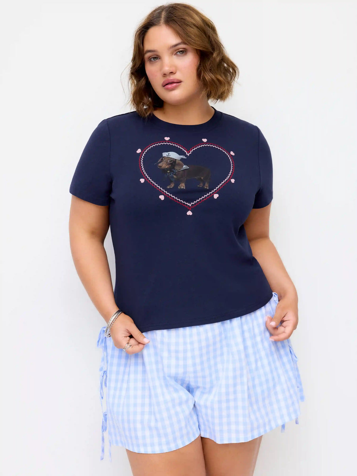 Cotton-blend Heart & Dog Graphic Embroidery Short Sleeve Top Curve & Plus