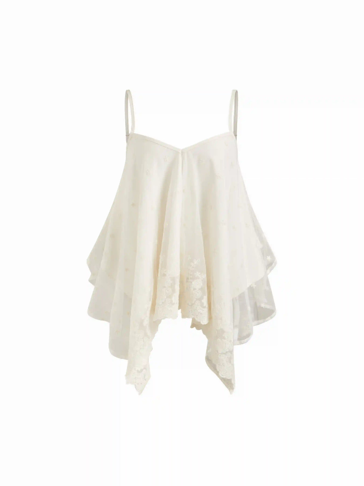 Chiffon Lace V-neck Lace Panel Hanky Hem Cami Blouse