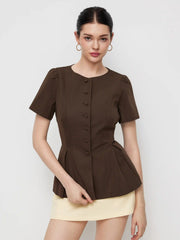 Boat Neck Pleated Button Short Sleeve Blazer