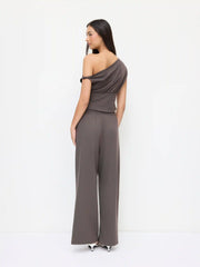 Cotton-blend Asymmetrical Neck Twist Ruched Top & Mid Rise Drawstring Trousers Set