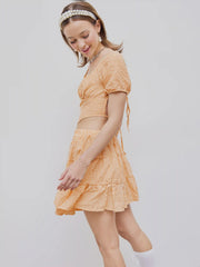 Sweetheart Backless Puff Sleeve Crop Top & Ruffle Hem Mini Skirt