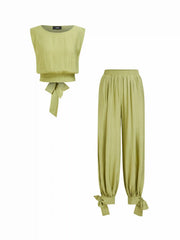 Textured Boat Neck Cut Out Knotted Top & Mid Rise Jogger Pants Set