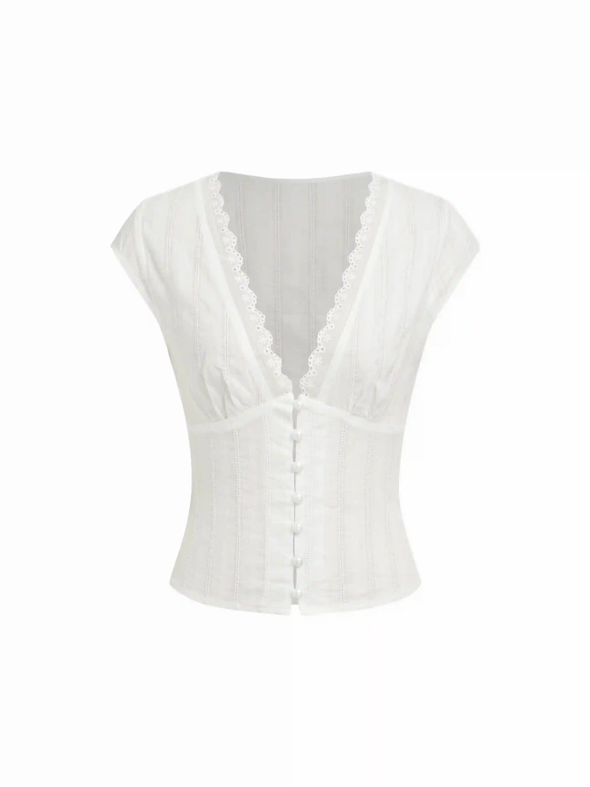 Textured V-neck Short Sleeve Lace Trim Pearl Button Blouse
