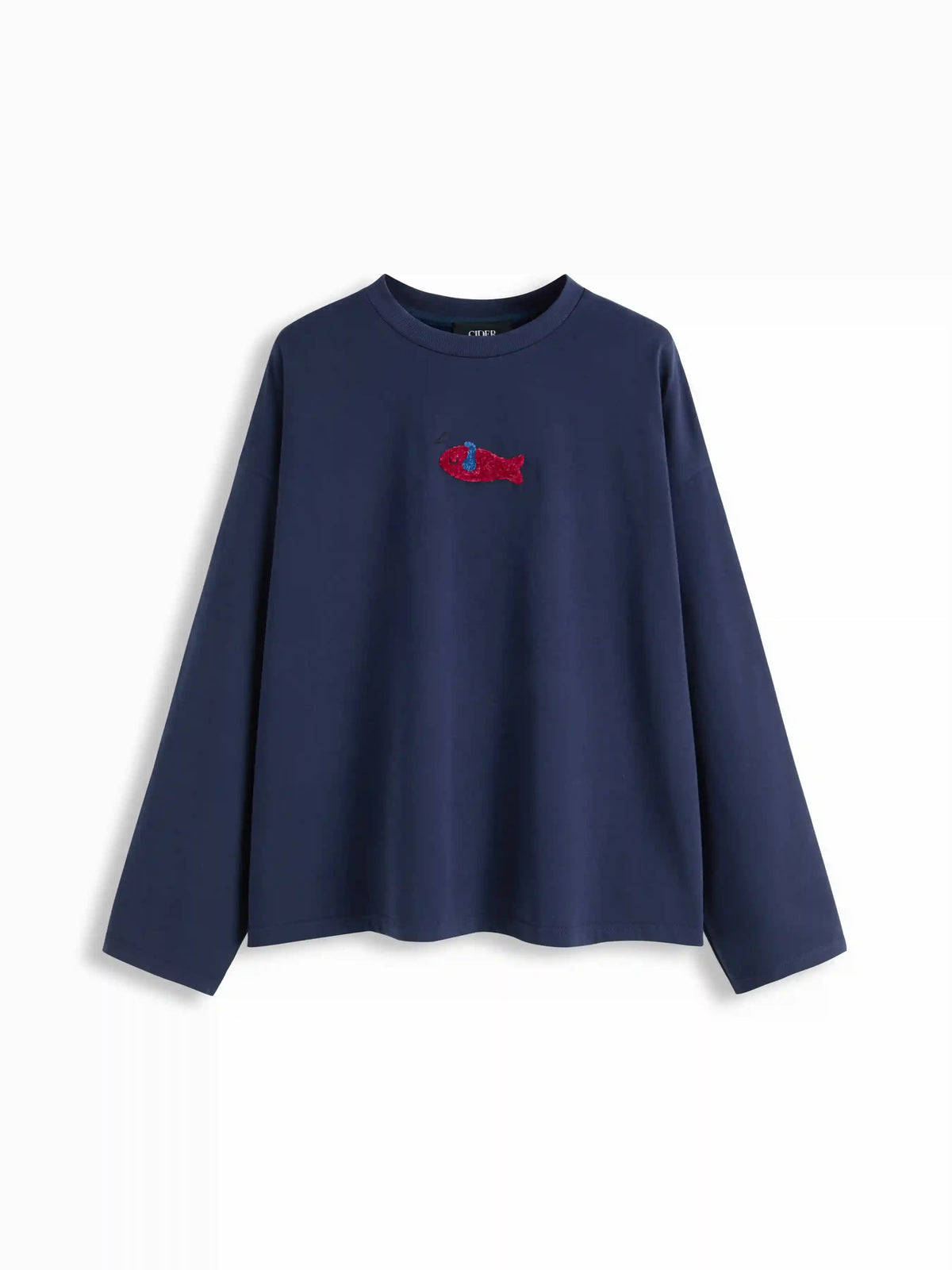 Cotton-blend Fish Embroidery Round Neckline Long Sleeve Oversized Tee