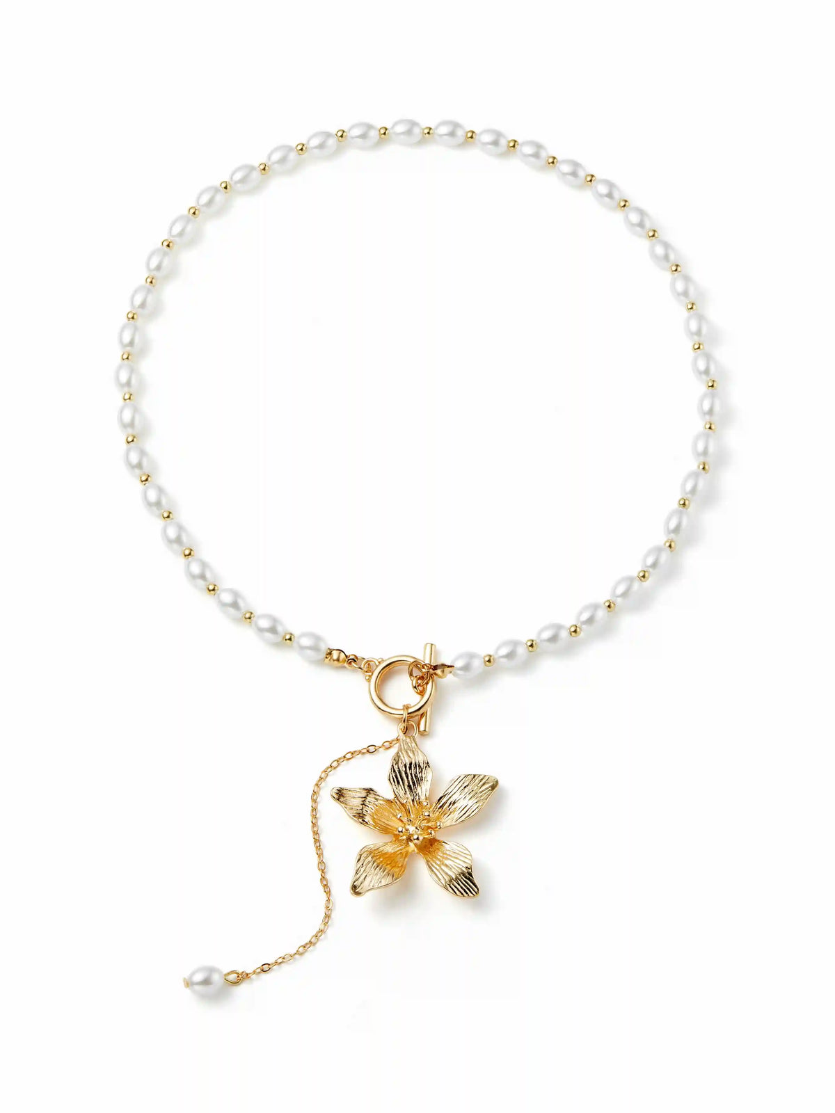 FLOWER & FAUX PEARL BEADED PENDANT NECKLACE