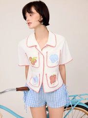 Linen-blend Fruit Embroidery Contrast Stitching Short Sleeve Shirt
