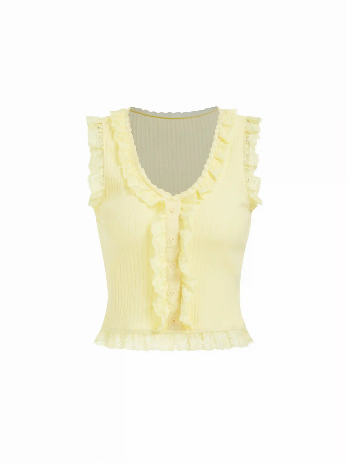 Cotton-blend V-neck Lace Trim Ruffled Tank Top