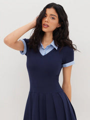 Cotton Collar Stripe Pleated Two Tone Mini Dress