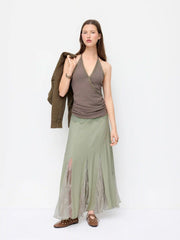 Textured Mid Rise Lace Patched Mermaid Midi Skirt