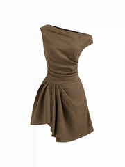 Asymmetrical Neck Check Ruched Pleated Tie Back Mini Dress