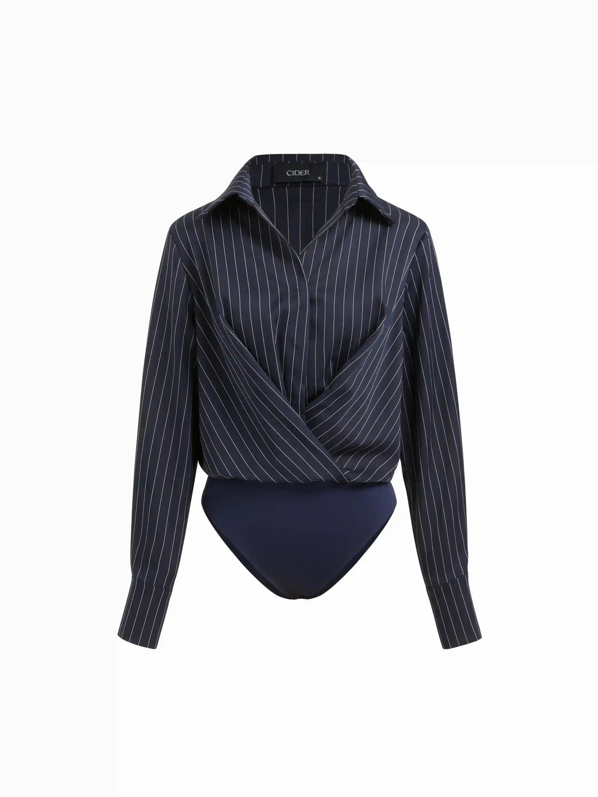 Striped Collar Long Sleeve Wrap Shirt Bodysuit