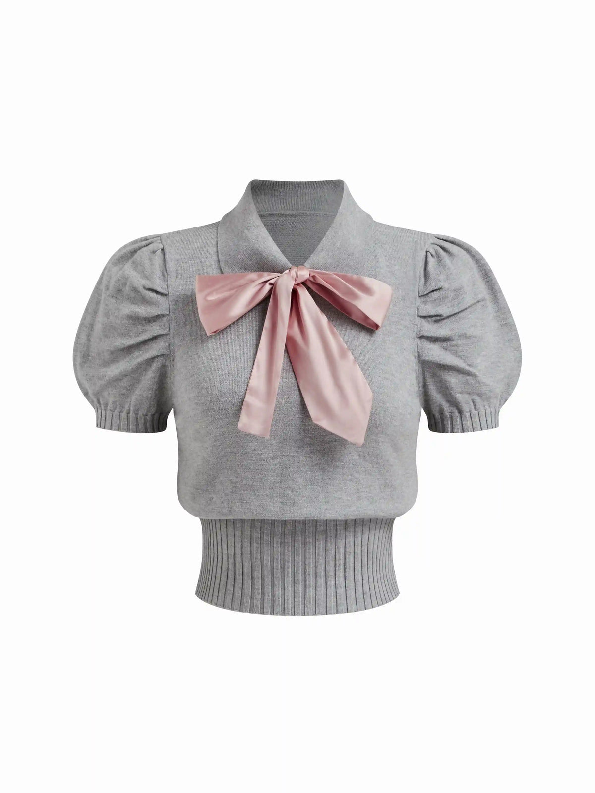 Knit Collar Puff Short Sleeve Bowknot Cinched Waist Top