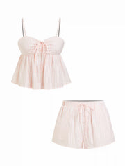 Cotton-blend Striped Bowknot Cami Top & Mid Rise Striped Shorts Set
