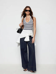Striped Halter Neck Color-Blocking Knit Top
