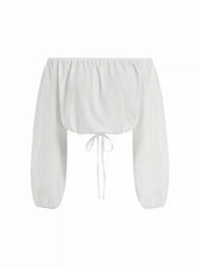 Off-Shoulder Ruched Puff Sleeve Top & Elastic Waist Low Rise Flared Midi Skirt Set