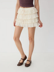 Lace Layered Drawstring Mid Rise Mini Skirt