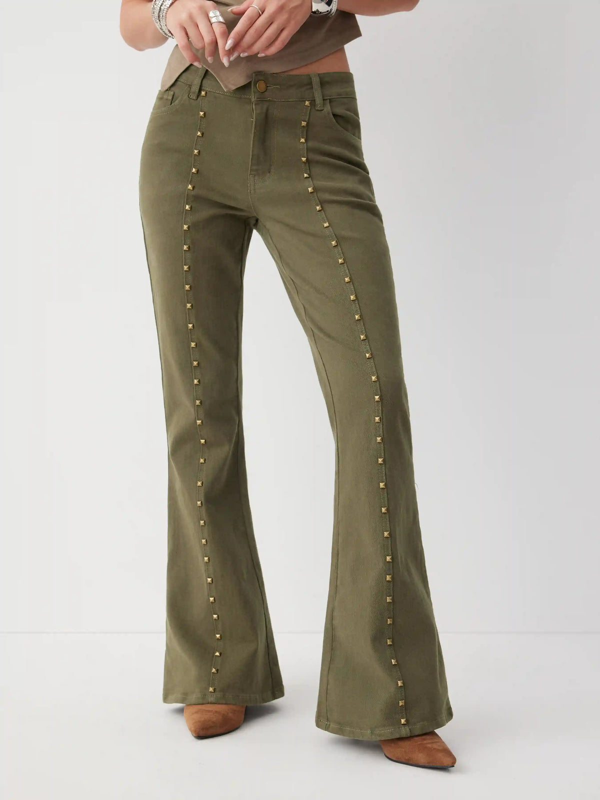 Stretch Denim Low Rise Studded Flared Jeans