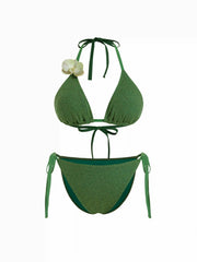 Halter Neckline Floral Decor Triangle Tie Side Bikini with Sarong Curve & Plus