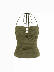 Halter Neckline Ruched Cut Out Drawstring Slim Fit Cami Top