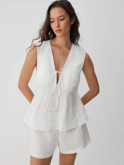 Cotton V-Neck Lace Trim Top & Mid Rise Shorts Loungewear Set