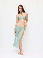 Halter Neckline Ruched Beaded Bandeau Bikini Set With Cover Up Skirt