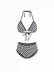 High Stretch Halter Neck Checks Triangle Top & Low Rise Contrasting Binding Shorts Bikini Set