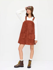 Suede Square Neck Buckle Up Pocket Mini Pinafore Dress