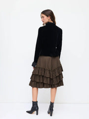 Mid Rise Lettuce Trim Pleated Layered Midi Skirt