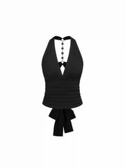 Halter V-neck Ruched Rhinestone Cut Out Tie Back Top