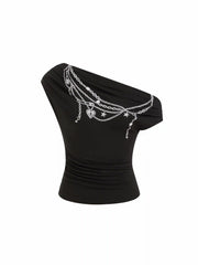 Chain Graphic Asymmetrical Neck Cropped Tee