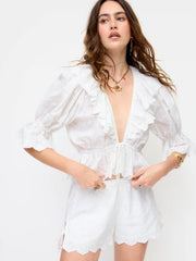 Cotton V-neck Middle Lantern Sleeve Ruffled Oversized Blouse