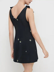 Boat Neck Floral Embroidery Bowknot Mini Dress