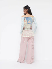 Cotton-blend Off-shoulder Rabbit Graphic Striped Patched Long Sleeve Tee
