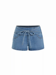 Denim High Rise Washed Drawstring Shorts