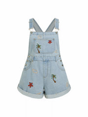 Denim Nature Embroidery Mid Rise Metal Detail Short Overalls Curve & Plus